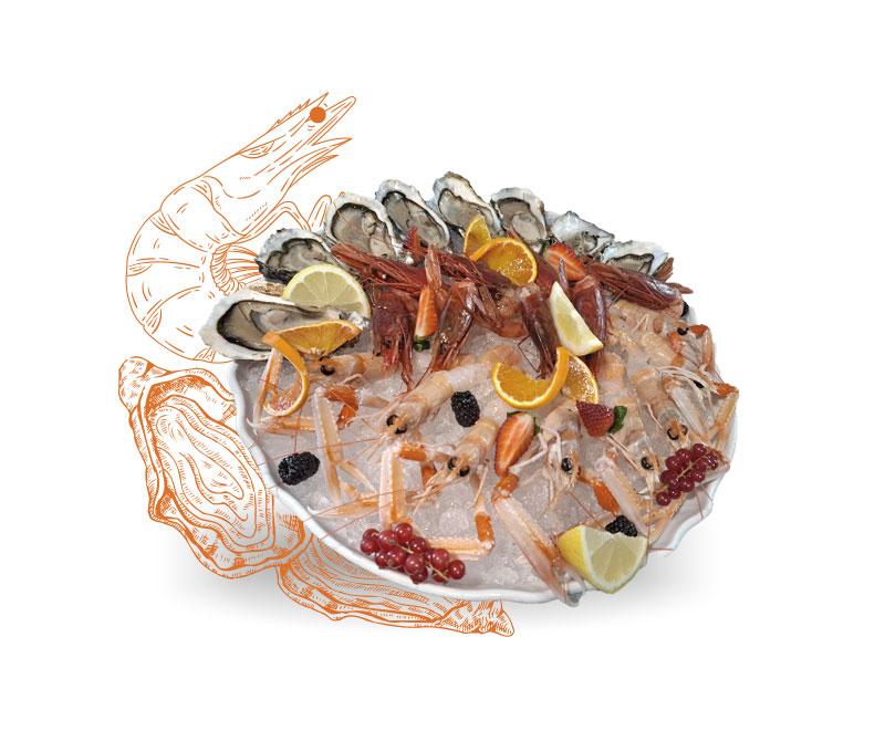 Disegno di pesce accostato a una fotografia del Plateau Royal, un ricco assortimento di frutti di mare freschi servito al Ristorante La Scala, che esprime l'eccellenza e la varietà del menù di mare.