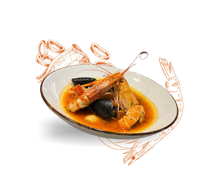 Disegno elegante di un pesce accanto a una foto appetitosa di zuppa di pesce servita al Ristorante La Scala, esaltando la freschezza e l'arte culinaria del mare."